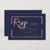 Roos gold lijst script navy blue rsvp bruiloft (Voorkant / Achterkant)