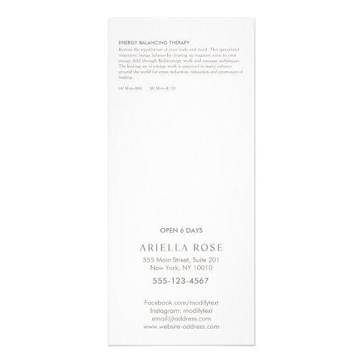 Roos Gold Lotus Massage Therapist Price List Menu (Achterkant)