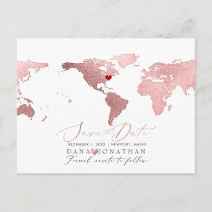 Roos Gold Map, elke bestemming Save the Date Briefkaart