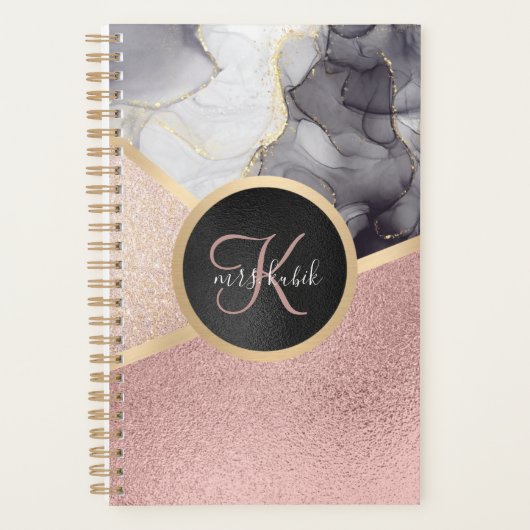 Roos Gold Marble Glitter Monogram Teacher Planner (Voorkant)