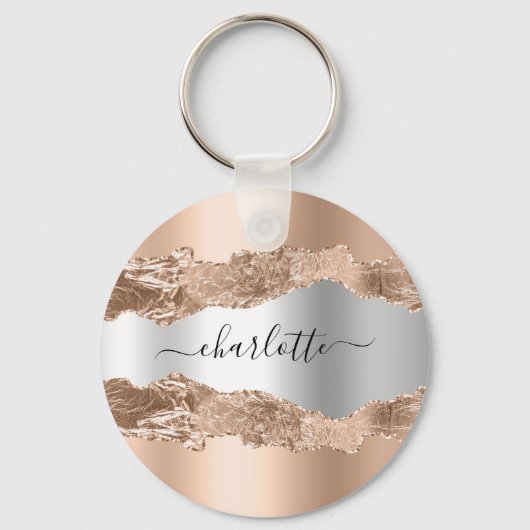 Roos gold metal agate marmer name script sleutelhanger (Voorkant)