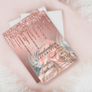 Roos Gold Metallic Glitter Drip Photo Afstuderen Kaart