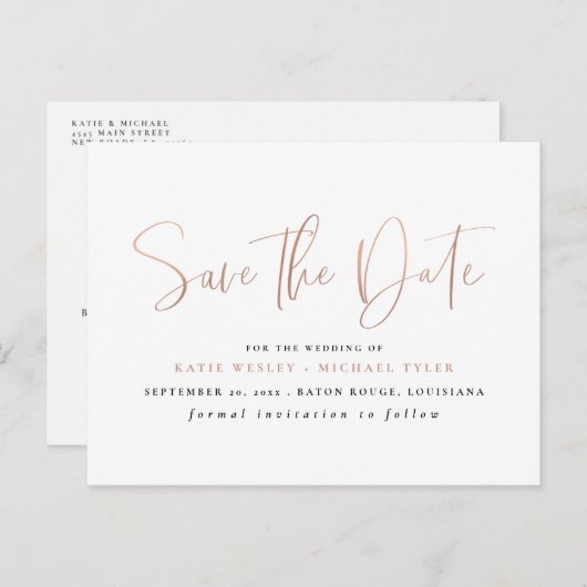 Roos Gold Minimal Typography Bewaar de datum Aankondigingskaart (Voorkant / Achterkant)