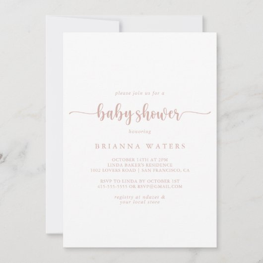 Roos Gold minimalistisch kalligrafie Baby shower Kaart (Voorkant)
