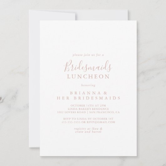 Roos Gold Minimalistische bruidsmeisjes Luncheon S Kaart (Voorkant)