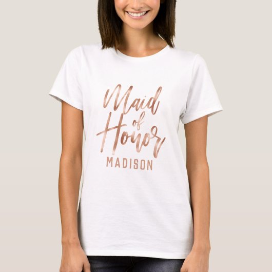 Roos Gold Modern Typography Wedding Maid of Honor T-shirt (Voorkant)