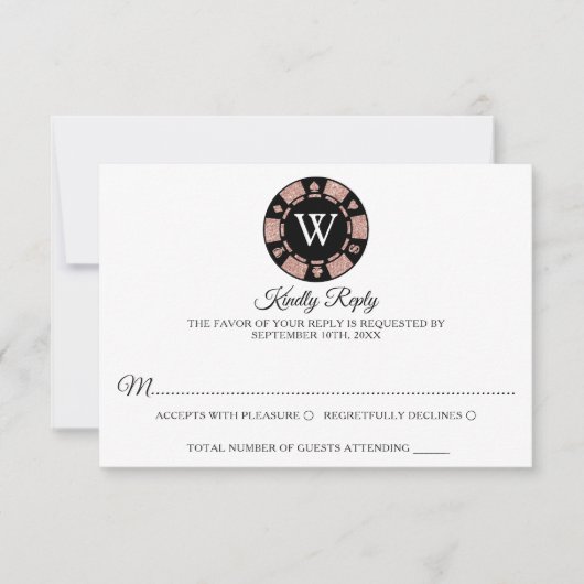 Roos Gold Monogram Poker Chip Casino Wedding RSVP Kaartje (Voorkant)