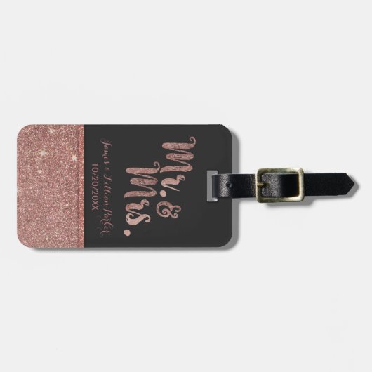 Roos Gold Mr. en Mrs. Glitter Monogram Huwelijk Bagagelabel (Voorkant horizontaal)