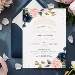 Roos Gold Navy Bloemen Quinceanera Folie Uitnodigi Folie Uitnodiging