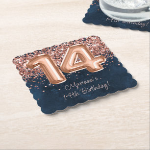 Roos Gold Navy Blue 14e verjaardagsfeestje Kartonnen Onderzetters
