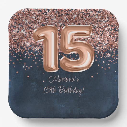 Roos Gold Navy Blue 15e verjaardagsfeestje Papieren Bordje (Voorkant)
