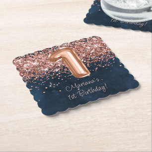 Roos Gold Navy Blue 1e verjaardagsfeestje Kartonnen Onderzetters