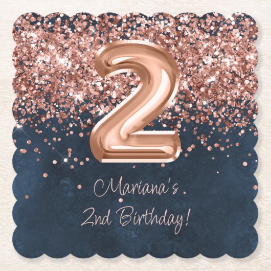 Roos Gold Navy Blue 2e verjaardagsfeestje Kartonnen Onderzetters (Voorkant)