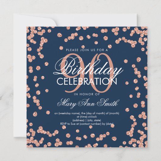 Roos Gold Navy Blue 90th Birthday Glitter Confetti Kaart (Voorkant)
