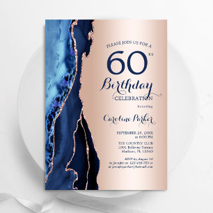 Roos Gold Navy Blue Agaat 60ste verjaardag Kaart