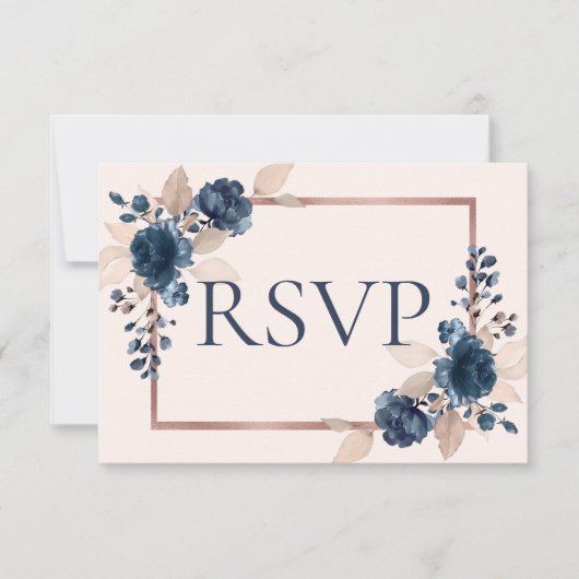 Roos Gold Navy Blue Dusty Pink Floral No Menu RSVP (Voorkant)