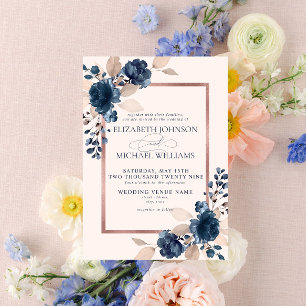Roos Gold Navy Blue Dusty Pink Floral Wedding Invi Kaart