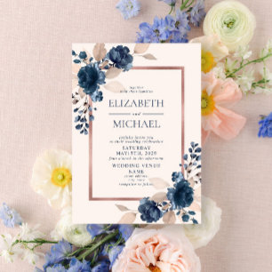 Roos Gold Navy Blue Dusty Pink Floral Wedding Kaart