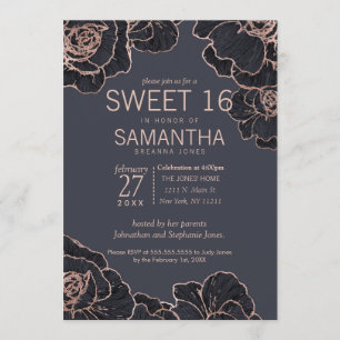Roos Gold Navy Blue Flowers Sweet 16 Kaart
