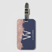 Roos Gold Navy Blue Girly Glitter Dust Monogram Bagagelabel (Voorkant (verticaal))