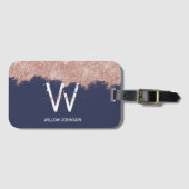 Roos Gold Navy Blue Girly Glitter Dust Monogram Bagagelabel (Voorkant (horizontaal))
