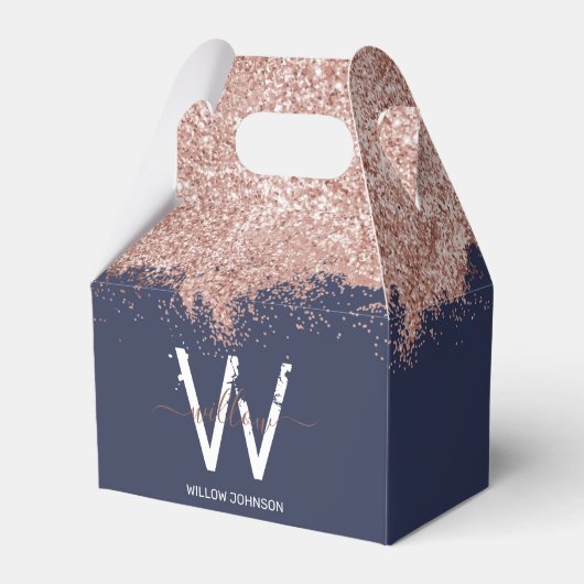 Roos Gold Navy Blue Girly Glitter Dust Monogram Bedankdoosjes (Voorkant Zijde)