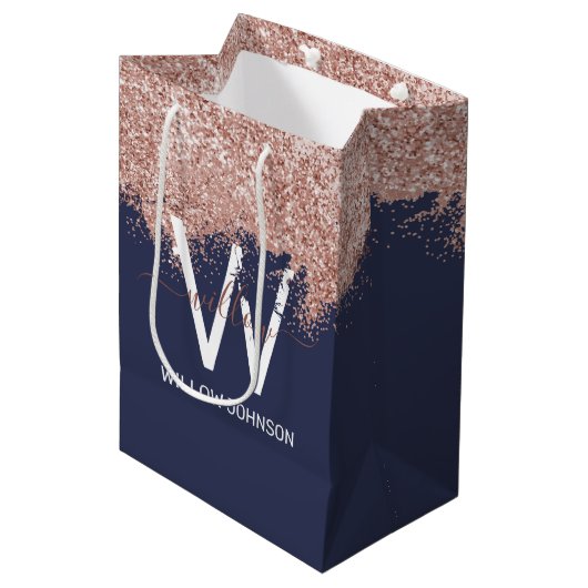 Roos Gold Navy Blue Girly Glitter Dust Monogram Medium Cadeauzakje (Voorkant Gekanteld)