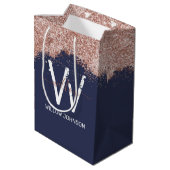 Roos Gold Navy Blue Girly Glitter Dust Monogram Medium Cadeauzakje (Achterkant Gekanteld)