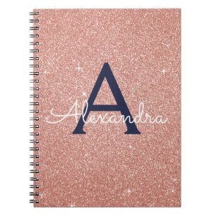 Roos Gold Navy Blue Glitter Sparkle Monogram Notitieboek