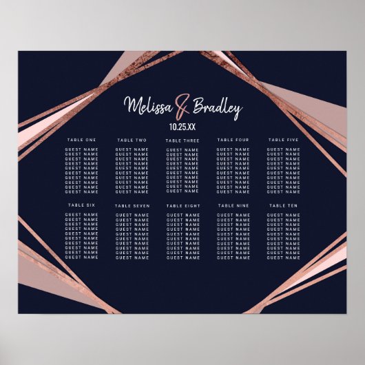 Roos Gold Navy Blue Mauve Geometric Seating Chart Poster (Voorkant)