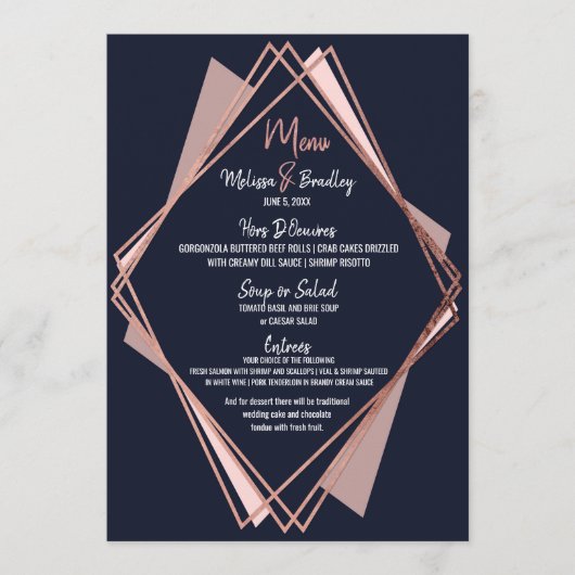 Roos Gold Navy Blue Mauve Geometric Wedding Menu (Voorkant)
