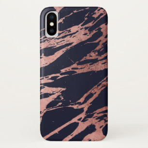 Roos Gold Navy Blue Modern Chic Marble Pattern iPhone X Hoesje