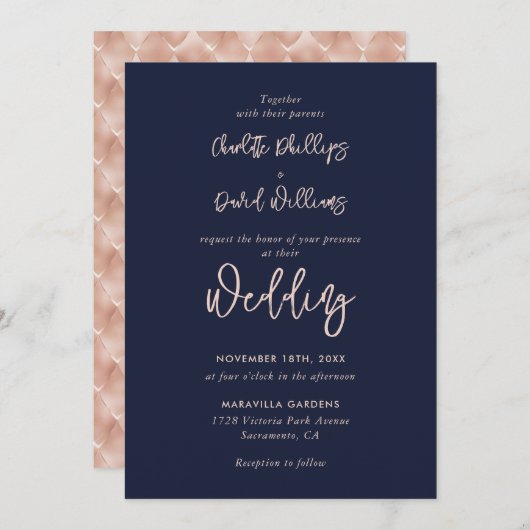 Roos Gold Navy Blue Modern Script Weddenschap Kaart (Voorkant / Achterkant)