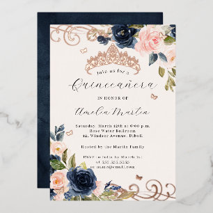 Roos Gold Navy Blush Bloemen Swirl Quinceanera Folie Uitnodiging