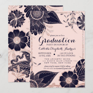 Roos Gold Navy Pink Floral Glitter Afstuderen Kaart