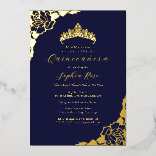 Roos Gold Navy Quinceanera Verjaardag Folie Uitnodiging
