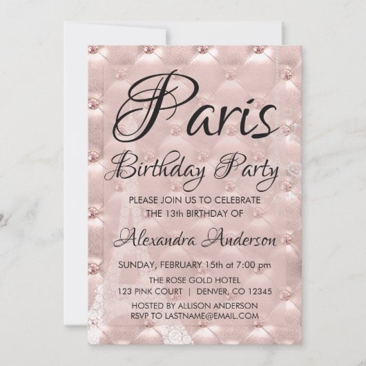 Roos Gold Paris Blush Roze Verjaardagsfeestje Kaart (Voorkant)