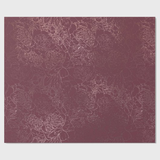 Roos Gold Peony Outline Pattern op Bourgogne Cadeaupapier (Vlak)