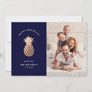 Roos Gold Pineappel op Navy Blue Kerstfoto Feestdagenkaart
