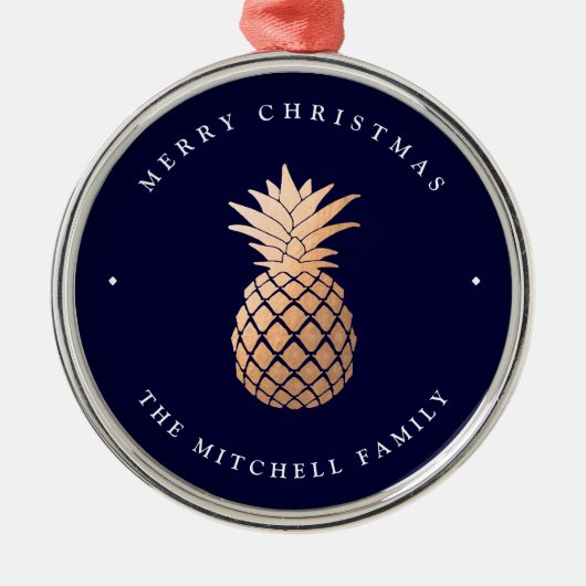Roos Gold Pineappel op Navy Blue | Kerstmis Metalen Ornament (Voorkant)