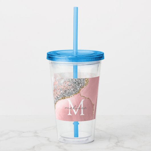 Roos Gold Pink Agate Glitter Marble Monogram Naam Acryl Drinkbeker (Voorkant)