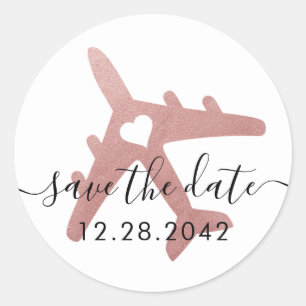 Roos Gold Pink Airplane Destination Save the Date Ronde Sticker