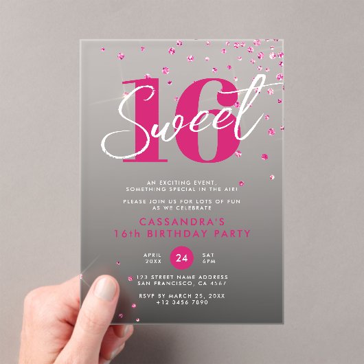 Roos Gold Pink & Black Sweet 16 Verjaardag Acryl Uitnodigingen (Insitu (Draagbaar))