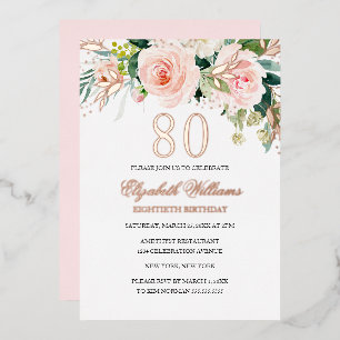 Roos Gold Pink Blush 80e verjaardag Folie Uitnodig Uitnodiging