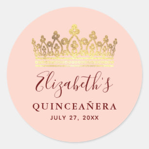 Roos Gold Pink Crown Elegant Name Quinceanera Ronde Sticker