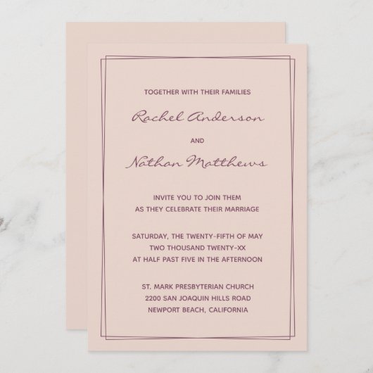 Roos Gold Pink / Fig Ink Wedding Invitting (Voorkant / Achterkant)