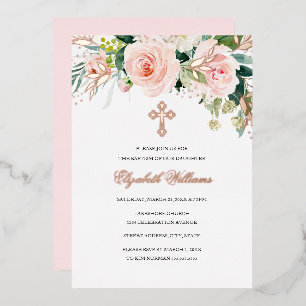 Roos Gold Pink Floral Girl Baptism Folie Uitnodigi Folie Uitnodiging