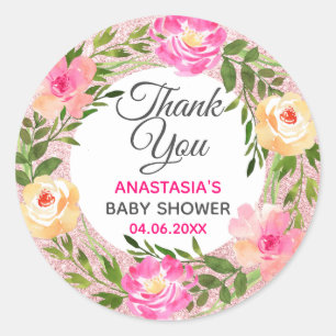 Roos Gold Pink Floral Wreate Hartelijk dank Baby s Ronde Sticker