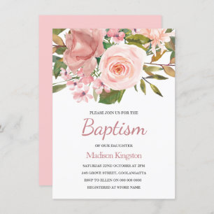 Roos Gold Pink Flowers Baptisme Invite Kaart