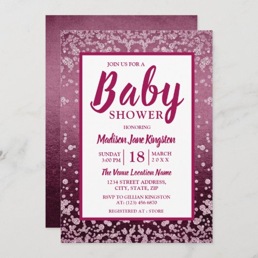 Roos Gold Pink Glitter Baby shower Uitnodigen Kaart (Voorkant / Achterkant)